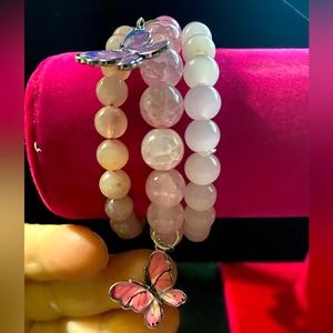Rose quartz butterfly bracelet set
